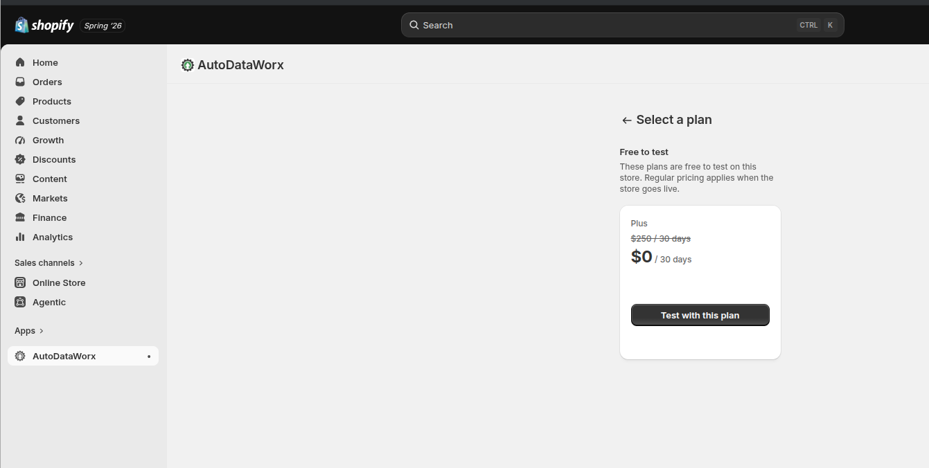An unsubscribed merchant opening AutoDataWorx is redirected to Shopify's own hosted Managed Pricing page, where the AutoDataWorx Plus plan is presented and billed through the Shopify Billing API.